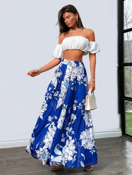 Kadın çiçek Baskılı Maxi Boy Süprem Etek - Resim 3
