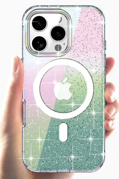 iPhone 15 Pro Max Rasasi Simli Magsafe Kapak - Şeffaf - 2