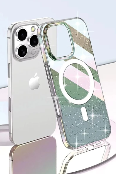 iPhone 15 Pro Max Rasasi Simli Magsafe Kapak - Şeffaf - 3