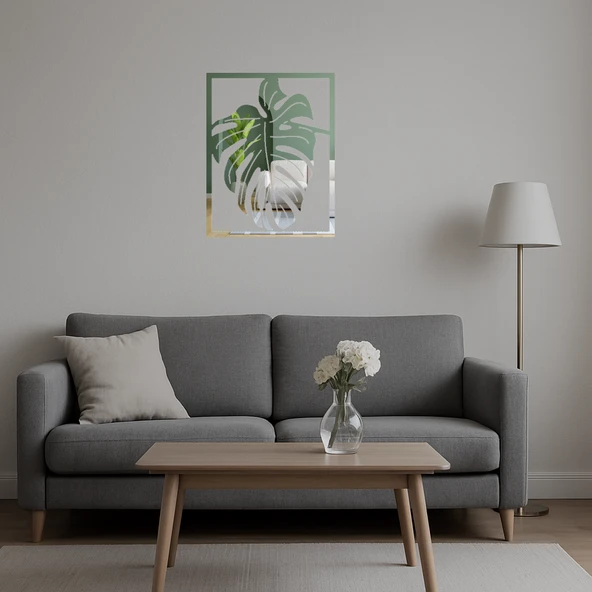 Tropikal Monstera Yapraklı Dekoratif Aynalı Tablo - 5