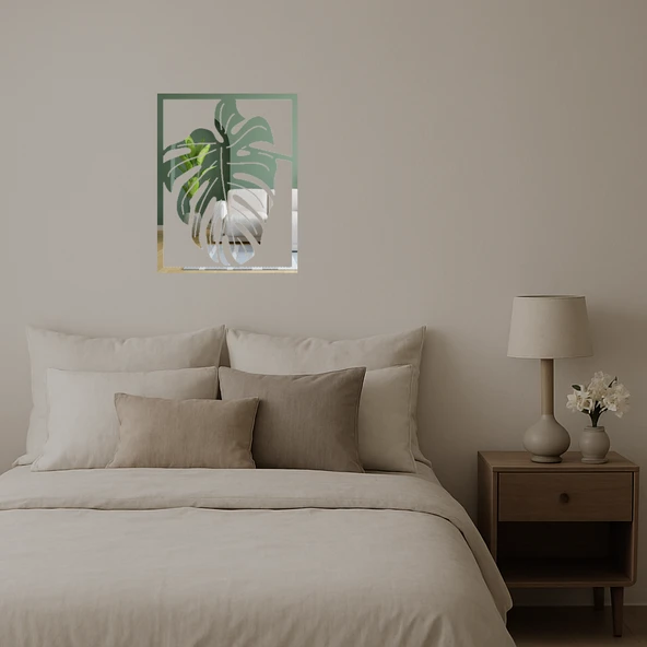 Tropikal Monstera Yapraklı Dekoratif Aynalı Tablo - 3