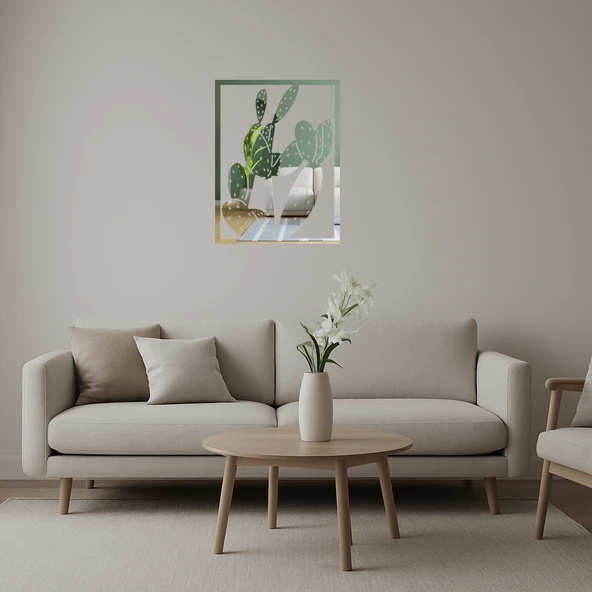 Doğal Kaktüs Tasarımlı  Duvar Aynalı Tabloi