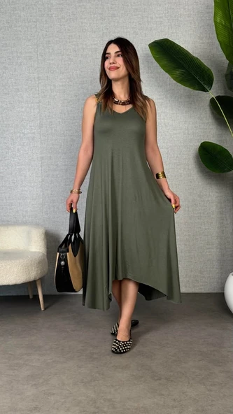 Kadın çan Dokuma Kumaş V Yaka Asimetrik Kesim Elbise - Resim 2