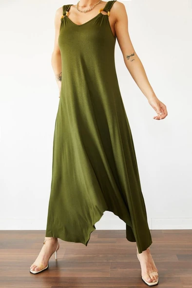 Kadın çan Dokuma Kumaş V Yaka Asimetrik Kesim Elbise ürün görseli