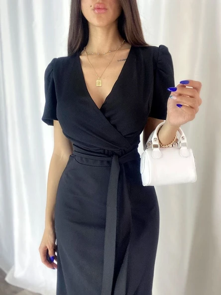 Kadın Kruvaze Yaka Midi Boy Kuşaklı Krep Elbise 120 Cm - Resim 8