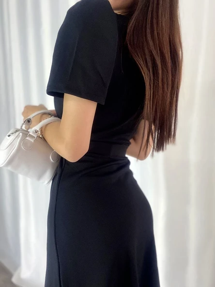 Kadın Kruvaze Yaka Midi Boy Kuşaklı Krep Elbise 120 Cm - Resim 9