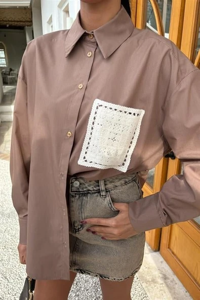 Süzine Cepli Arkası Yırtmaçlı Oversize Gömlek 3420 - Resim 5