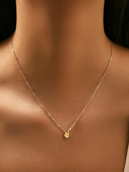 925 Ayar Gümüş Sitrin Taşlı Güneş Damlası Minimal Kadın Kolye - Resim 2