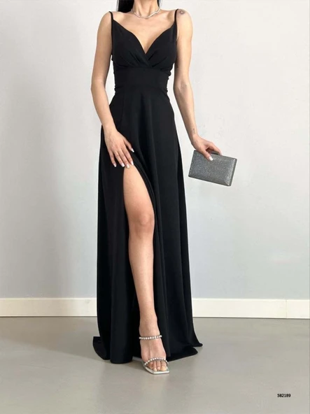 Kadın Ip Askılı Kruvaze Yaka Maxi Boy Abiye Elbise ürün görseli