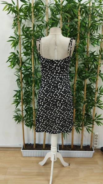 Kadın Ip Askılı Omuzlardan Bağcıklı çiçek Desenli Süprem Elbise - Resim 8