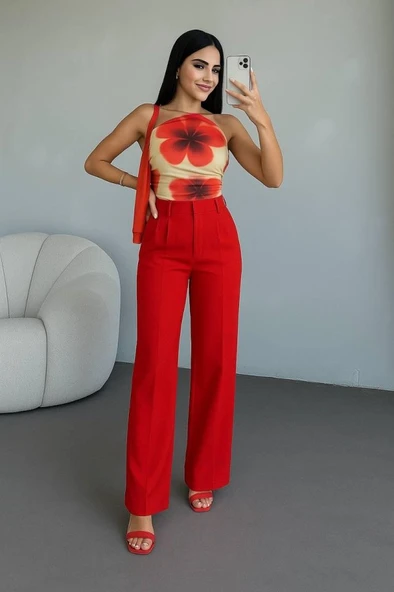 Kadın Yüksek Bel Plise Detay Bol Paça Pantolon ürün görseli