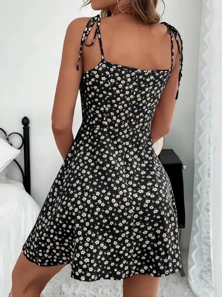 Kadın Ip Askılı Omuzlardan Bağcıklı çiçek Desenli Süprem Elbise - Resim 3