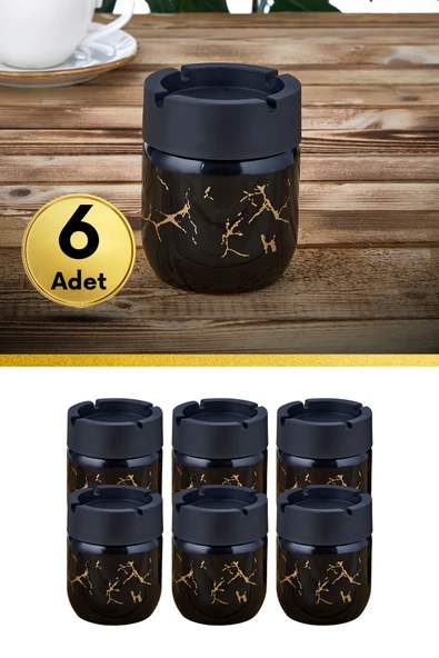 6 Adet Siyah Bronz Mermer Desenli Dekoratif Cam Kokusuz Küllük Kül Tablası Seti 425 Cc - 3