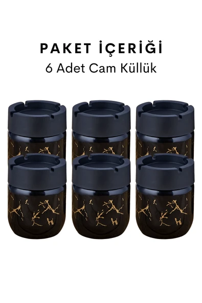 6 Adet Siyah Bronz Mermer Desenli Dekoratif Cam Kokusuz Küllük Kül Tablası Seti 425 Cc - 4