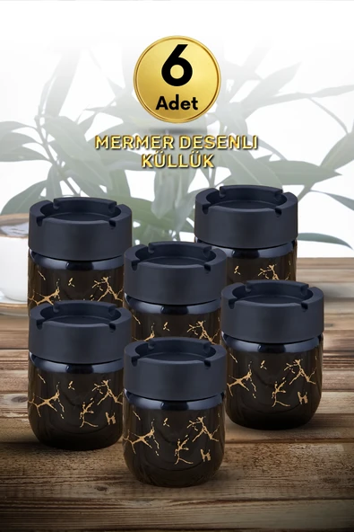 6 Adet Siyah Bronz Mermer Desenli Dekoratif Cam Kokusuz Küllük Kül Tablası Seti 425 Cc - 1