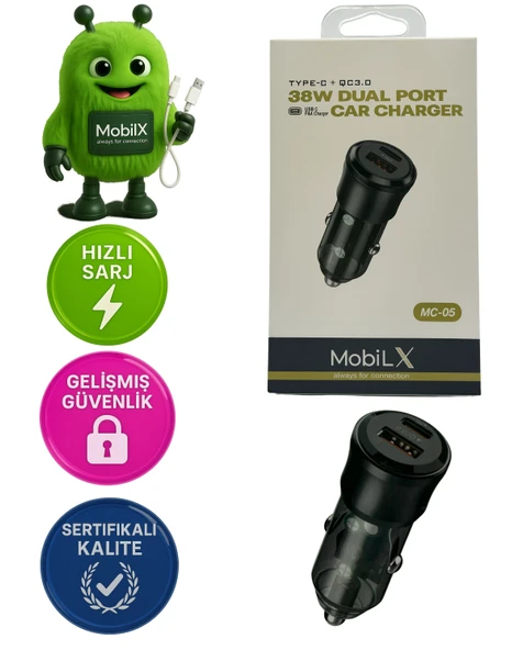 MobiLX 38W Araç Şarj Cihazı – Çift USB Çıkışlı | Type-C + QC 3.0 | Model: MC-05 - 1