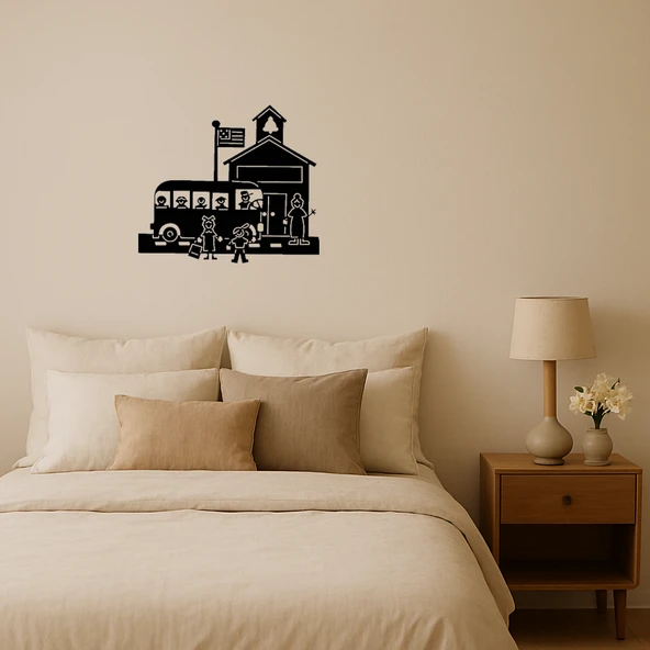 Okul Otobüsü ve Öğrenciler Dekoratif Duvar Tablosu