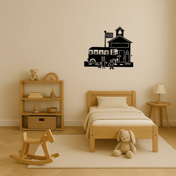 Okul Otobüsü ve Öğrenciler Dekoratif Duvar Tablosu - 3