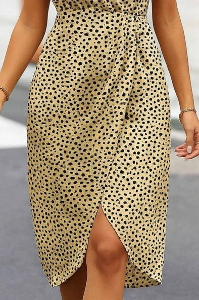 Kadın Sıfır Kol Kruvaze Yaka önden çapraz Kesim Detaylı Desenli Oysho Süprem Elbise - Resim 3