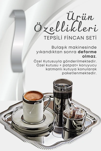 2 Kişilik Tepsili Gümüş Porselen Fincan Seti Damat Kahvesi-Söz Nişan Türk Kahvesi Kahve Fincanı - 2