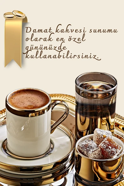 6 Kişilik Tepsili Gold Porselen Fincan Seti Damat Kahvesi-Söz Nişan Türk Kahvesi Kahve Fincanı - 2