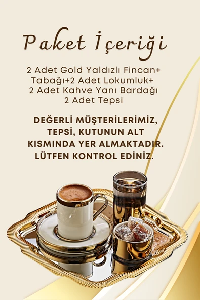 2 Kişilik Tepsili Gold Porselen Fincan Seti Damat Kahvesi-Söz Nişan Türk Kahvesi Kahve Fincanı - 2