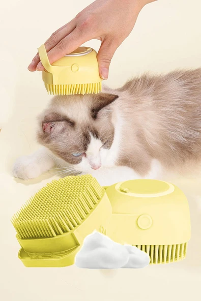 Şampuan Hazneli Kedi Ve Köpek Evcil Hayvan Yıkama Fırçası Silikon Sarı