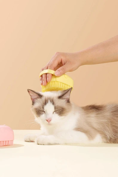 Şampuan Hazneli Kedi Ve Köpek Evcil Hayvan Yıkama Fırçası Silikon Sarı - 2