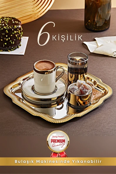6 Kişilik Tepsili Gold Porselen Fincan Seti Damat Kahvesi-Söz Nişan Türk Kahvesi Kahve Fincanı