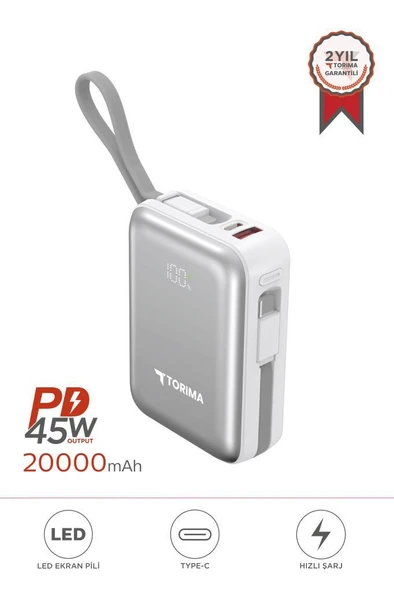 Torima TRM-1018 Beyaz 10000 mAh Type-C Giriş + Lightning + Usb Taşınabilir 45 W Hızlı Şarj Dijital Göstergeli Powerbank