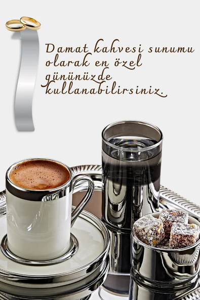 6 Kişilik Tepsili Gümüş Porselen Fincan Seti Damat Kahvesi-Söz Nişan Türk Kahvesi Kahve Fincanı - 2