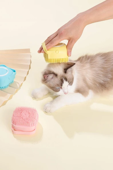 Şampuan Hazneli Kedi Ve Köpek Evcil Hayvan Yıkama Fırçası Silikon Sarı - 5