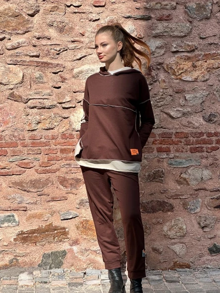 Kadın Kahve Kapşonlu Etek Ucu Detay Arma Ters Dikiş Gorunumlu Ikili Takım - Resim 2