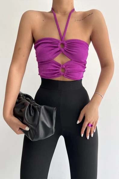 Halka Tokalı Cut Out Top Bluz Mor - 1514.9135. ürün görseli