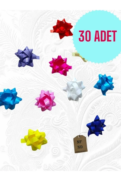 30 ADET 6cm FİYONK HEDİYE PAKETİ SÜSÜ PARLAK RENKTE KARIŞIK YILDIZ SÜS RAFYA YAPIŞKANLI ürün görseli