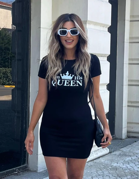 Kadın Kısa Kollu Queen Baskı Iki Iplik Mini Elbise - Resim 9