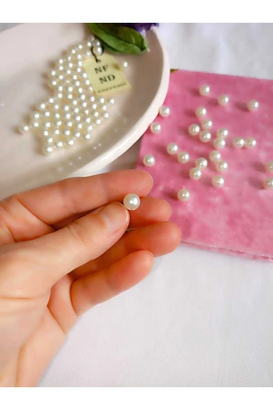 100 ADET KREM İNCİ BONCUK HEDİYE DELİKLİ KOLYE BİLEKLİK TAKI APARATI SERT PLASTİK 8 mm - 4