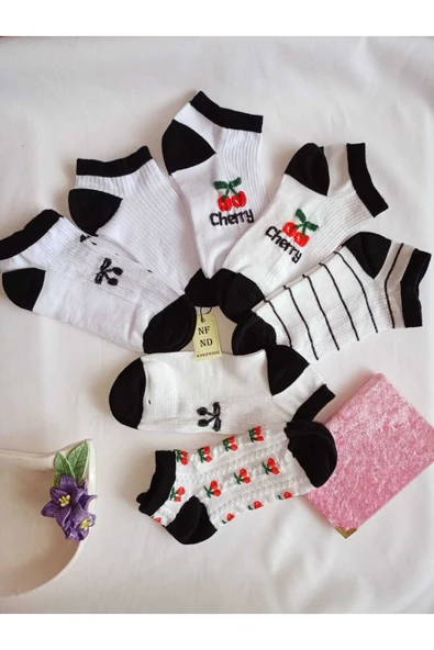 3 ÇİFT PAMUKLU PATİK ÇORAP BURUN DİKİŞSİZ SOFT KISA KONÇ DESEN KADIN ÇORABI 36-40 BEYAZ SİYAH - 8