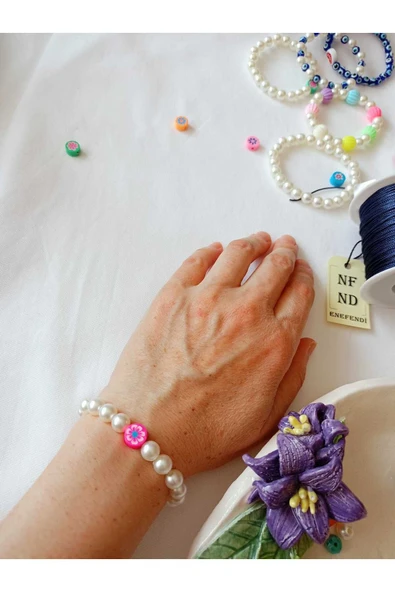 İNCİ BONCUKLU VE PEMBE FİMO BİLEKLİK İNCİLİ ŞANS BEREKET ARKADAŞ SEVGİLİ EŞ ÇOCUK HEDİYE - Resim 2