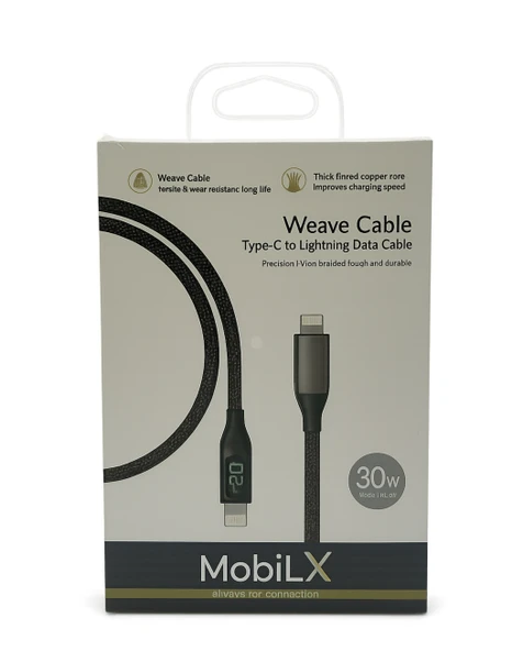 MobiLX 30W Type-C to Lightning Örgülü Şarj Kablosu – Dijital Ekranlı | Model: MU-07 - 2