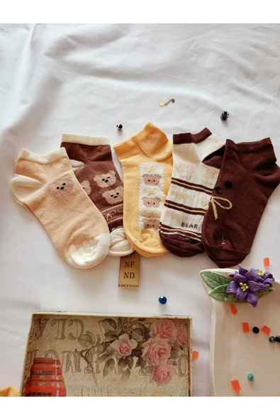 3 ÇİFT PATİK ÇORAP DİKİŞSİZ BURUN KADIN PAMUKLU KISA KONÇ DESENLİ 36-40 KAHVE KREM - 8