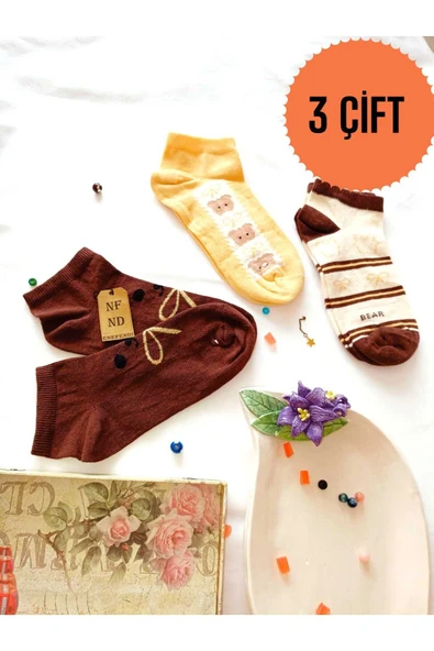 3 ÇİFT KADIN ÇORAP BURUN DİKİŞSİZ PAMUKLU KISA KONÇ DESENLİ PATİK ÇORABI 36-40 KAHVE SARI KREM