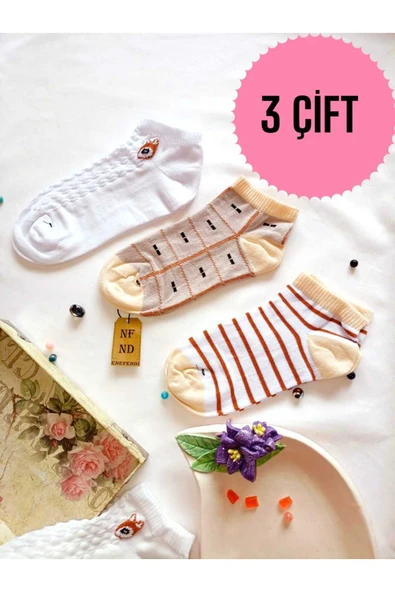 3 ÇİFT BURUN DİKİŞSİZ ÇORAP PATİK PAMUKLU KISA KONÇ DESENLİ KADIN ÇORABI 36-40 BEYAZ SÜT KAHVE