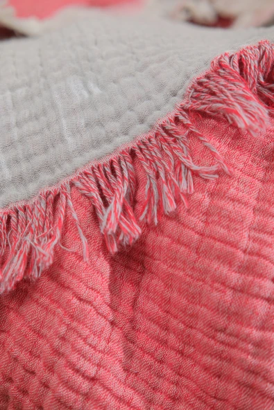 Dotamess Müslin 4 Katlı Koltuk Şalı Tv Battaniyesi 130 X 190 Cm Çift Renk Kırmızı Gri - Resim 2