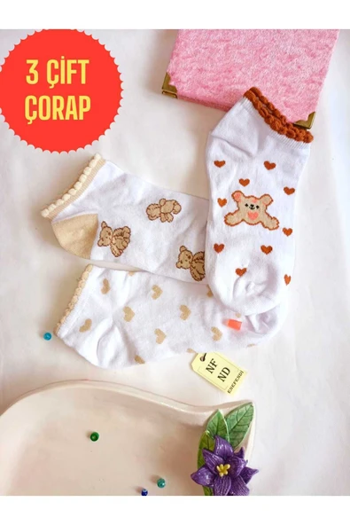 3 ÇİFT PATİK ÇORAP DİKİŞSİZ KADIN PAMUKLU KISA KONÇ DESENLİ ÇORABI 36-40 KAHVE BEYAZ