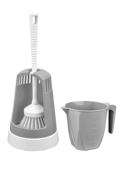 3’lü WC Tuvalet Temzilk Seti, Klasik WC Fırça Takımı + Maşrapa 1,5 Lt + Sessiz WC Kapağı Seti GRİ - Resim 2
