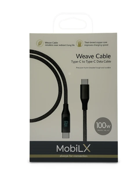 MobiLX 100W Type-C to Type-C Örgülü Şarj ve Data Kablosu – Model: MU-07 | Dijital Ekranlı - 2