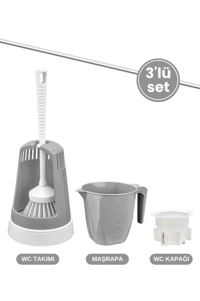 3’lü WC Tuvalet Temzilk Seti, Klasik WC Fırça Takımı + Maşrapa 1,5 Lt + Sessiz WC Kapağı Seti GRİ ürün görseli