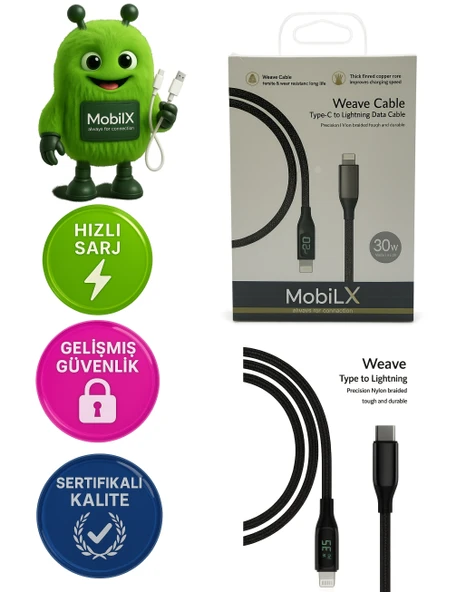MobiLX 30W Type-C to Lightning Örgülü Şarj Kablosu – Dijital Ekranlı | Model: MU-07 - 1