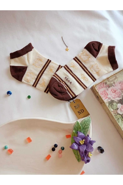 3 ÇİFT PATİK ÇORAP DİKİŞSİZ BURUN KADIN PAMUKLU KISA KONÇ DESENLİ 36-40 KAHVE KREM - 6